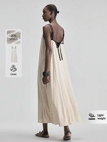 Ontre 2026SS New Linen Blend Dress For Women, Apricot Color Beaded Design Spaghetti Strap Dress With Contrast Stripe, A-Line Silhouette And Back Tie, Suitable For Tea Party, Independence Day, Date, Summer Vacation - Black and White - View 5