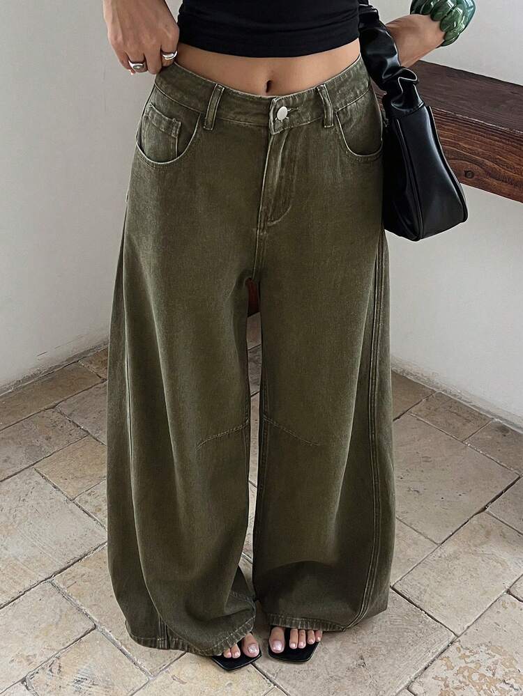 Women's Loose Fit Distressed Military Green Casual Jeans, Suitable For Spring & Summer