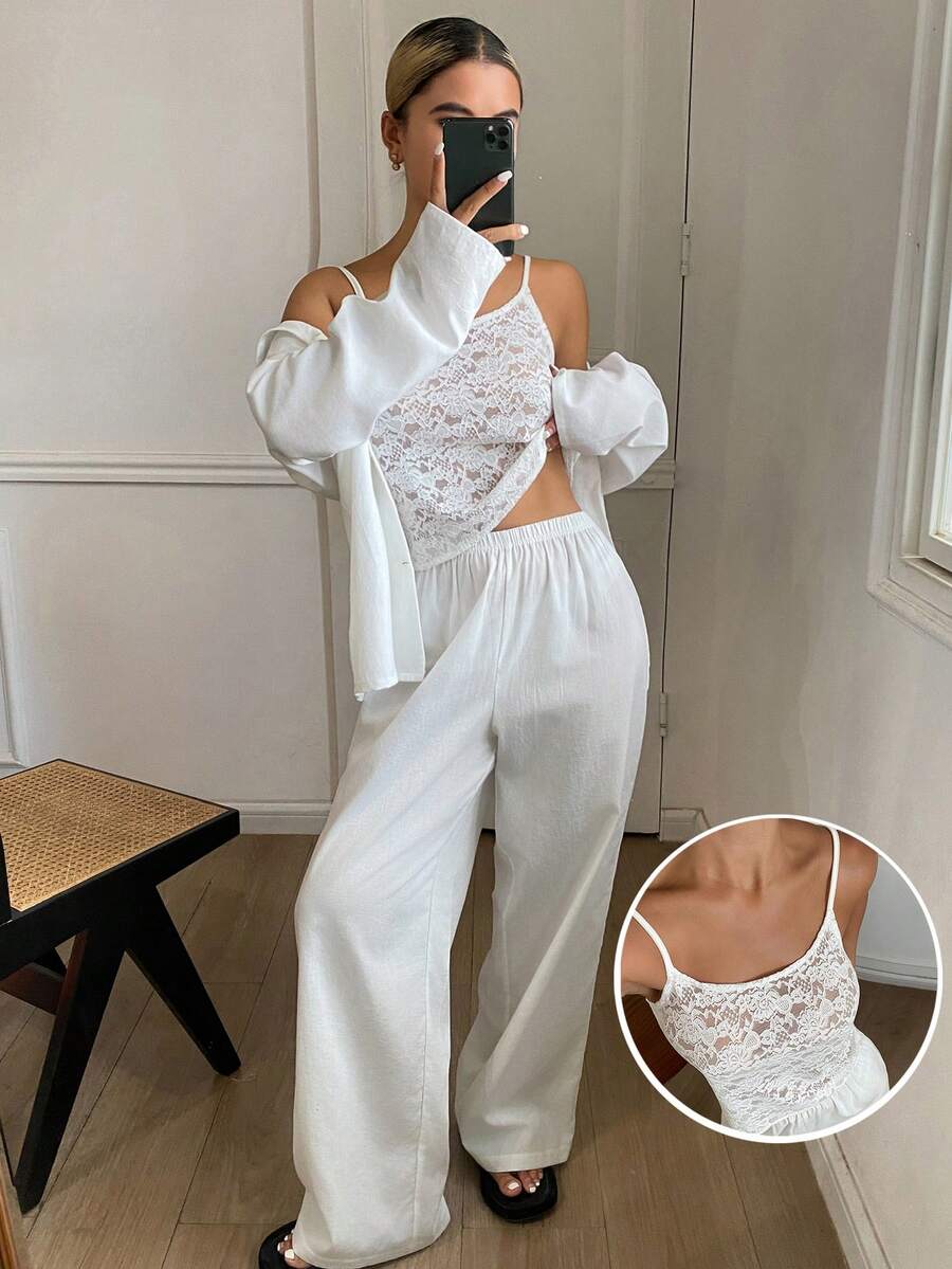 DAZY Set de pijama de 3 piezas con camiseta de encaje transparente y pantalones, estilo bohemio para mujer - Blanco - Ver 1