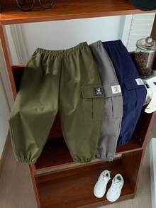 SHEIN 3pcs Young Boys Casual Sports Streetwear Cute Vacation Black Decorative Loose Drawstring Pants, Green Drawstring Pants, Khaki Drawstring Pants, Suitable For Daily Wear, School, Travel, Sports, Spring/Summer/Autumn/Winter - Multicolor - View 2