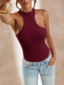 SHEIN BAE Apricot Sleeveless Asymmetric Cutout Bodysuit, Tight Fitted Bodysuit For Women, Spring/Summer - Burgundy - View 7