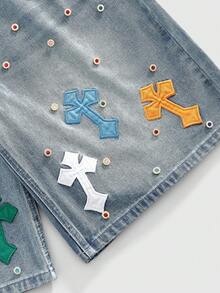 ROMWE MEN Men's Rhinestone Cross Embroidered Denim Shorts - Blue - View 2