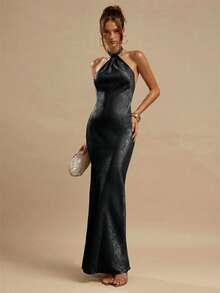 SHEIN BAE Gold Textured Backless Dress, Elegant Long For Women, Summer Nightclub Party, Brunch, Wedding Guest, Bridesmaid, Vacation Beach,Summer Dresses - Black - View 7