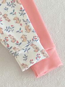 Bộ đồ ngủ 4 món mùa xuân hè cho bé gái, chất liệu mềm mại, co giãn, in hình thỏ và lá cây hoạt hình dễ thương, vừa vặn. - Hồng - Xem 4