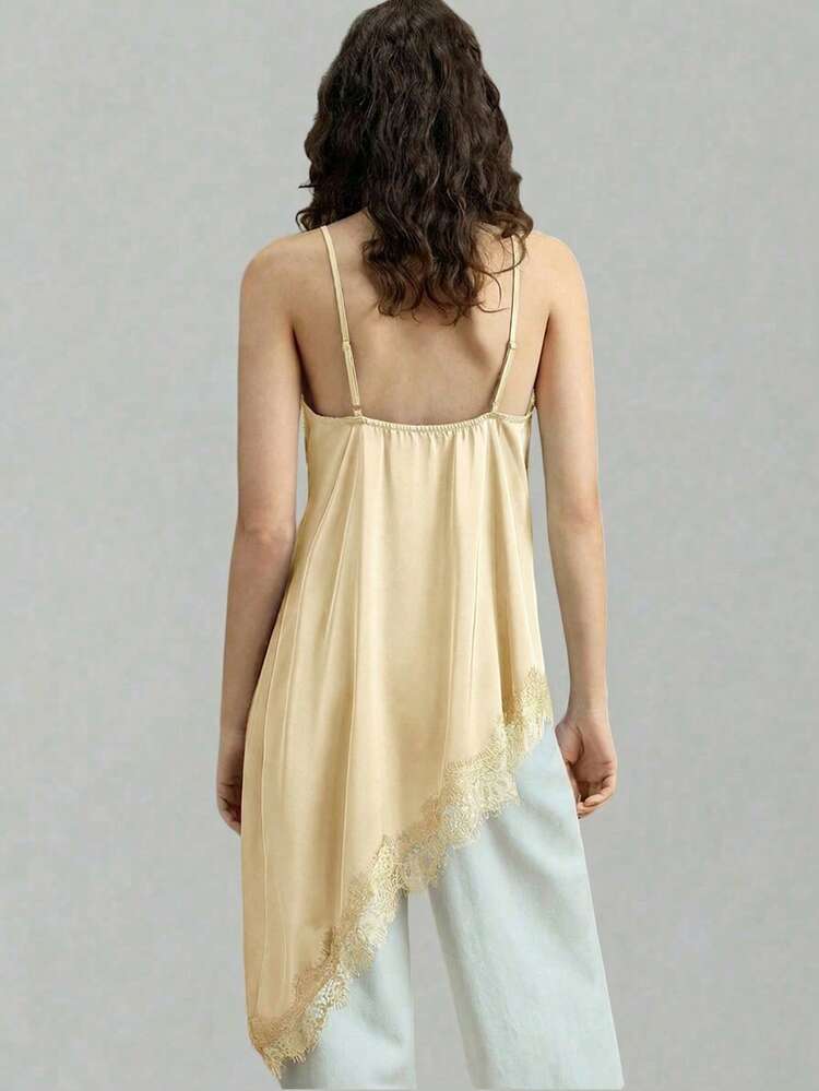 Women's Satin-Faced Crepe Fabric Comfortable Soft Spaghetti Strap Long Top, Fitted Silhouette, Lace Trim Accent, Asymmetric Hemline Design, Modern Urban Casual Business Chic Office Wear, Low-Key Elegant Vibe, High-Quality Airport Fashion All-Season Versatile Modern Urban Fashion Business Casual Women's Wear Office Attire Understated Old-Money Style, Elegant And Sophisticated, High-Quality Commuter And Airport Women's Wear Bohemian Style Vacation Outfits Seaside Women's Clothing, Country Music Co