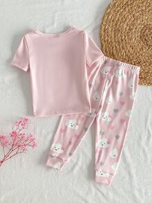 Genkimix Kids 2-Piece Baby Girls Ribbed Knit Pajama Set,Bunny & Cloud Graphic Print,Light Pink,Summer,Cute,Graphic,Holiday,Short Sleeve Top & Long Pants,Snug Fit - Pink - View 2