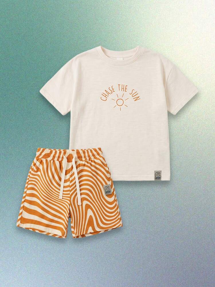 Boys Chase The Sun Graphic Print Short Sleeve Tee With Orange Swirl Pattern Shorts Coordinated Summer Set