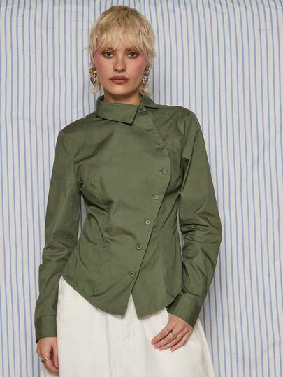 COUREZ Áo sơ mi ngắn tay dáng ôm bất đối xứng kẻ sọc / Trang phục đi chơi phong cách Y2K mùa thu đông dành cho nữ, quần áo mùa đông cho nữ, trang phục dự tiệc, áo kiểu gợi cảm cho nữ, trang phục thường ngày thanh lịch cho năm mới