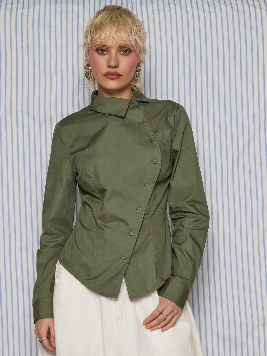 COUREZ Áo sơ mi ngắn tay dáng ôm bất đối xứng kẻ sọc / Trang phục đi chơi phong cách Y2K mùa thu đông dành cho nữ, quần áo mùa đông cho nữ, trang phục dự tiệc, áo kiểu gợi cảm cho nữ, trang phục thường ngày thanh lịch cho năm mới - xanh quân đội - Xem 1