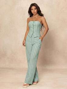 SHEIN PETITE Women's Minimalist Striped Bandeau Top And Pants 2 Pieces Set - Mint Green - View 3