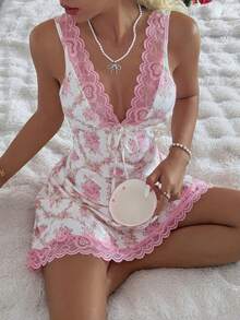 CottageSlumber Sweet Girl Floral Lace Patchwork Bow Back Mini Dress, Sexy Summer Vacation Chiffon Dress In Pink - Pink - View 2
