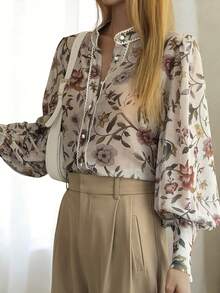 DAZY 花卉植物印花宽松轻薄长袖优雅夏季女式衬衫，波西米亚风 - 杏色 - 查看 5