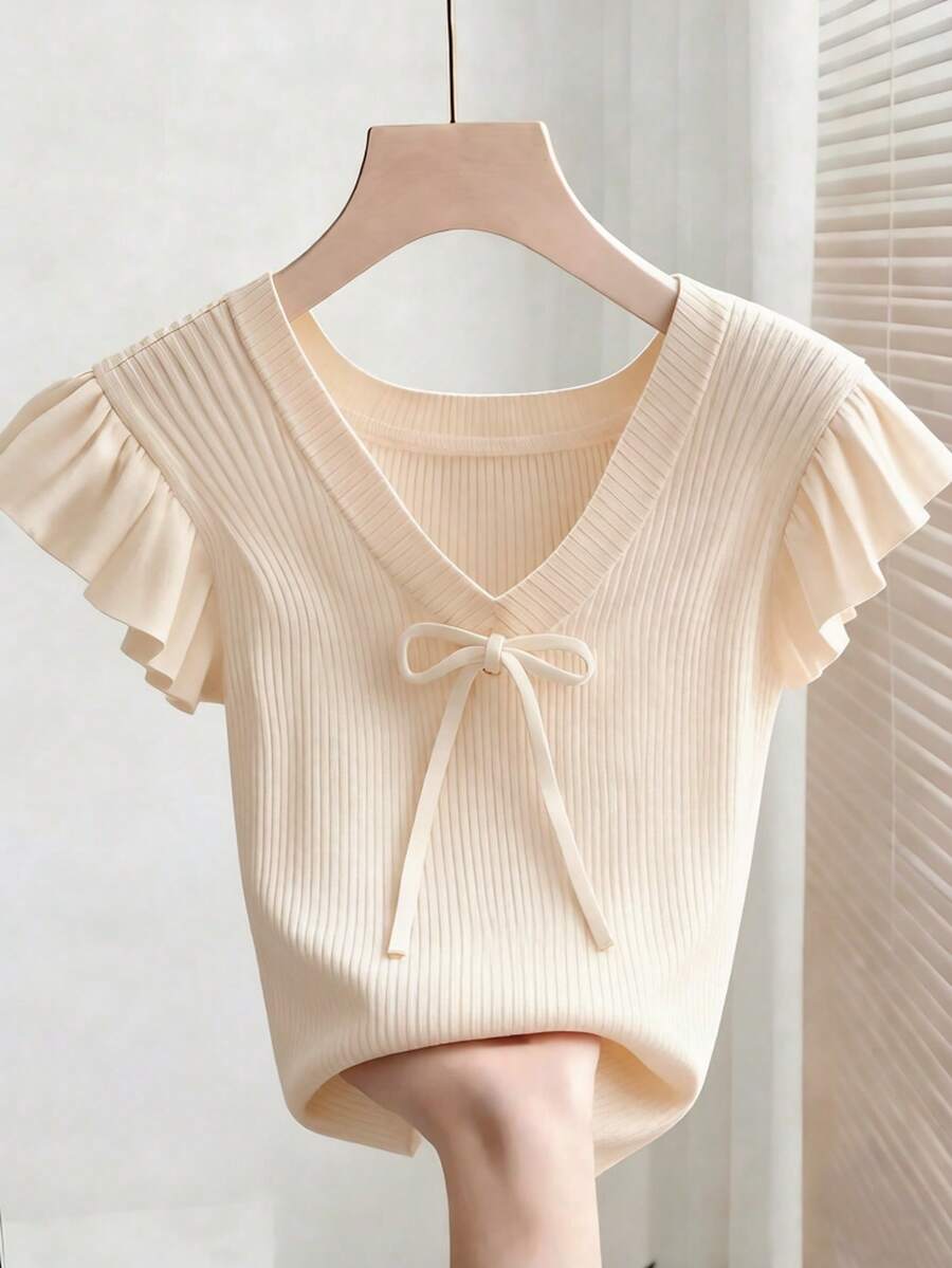 SHEIN Franclia 女款優雅可愛荷葉邊蝴蝶結T恤 時尚上衣 新款日常白天穿著 白色迷彩 夏季 - 卡其色 - 查看 1