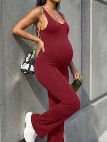 SHEIN Maternity Solid Color Sports Camisole Jumpsuit,Word Cup - Burgundy - View 9