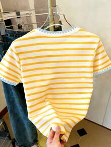 Resyla Camiseta de mujer de verano casual y holgada con rayas / Estampado de Dachshund - Multicolor - Ver 2