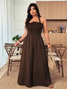 Weeklong Plus Size Women's Elegant Lightweight Vacation Strapless Ruffle Hem Top Paired With Elastic Waist Wide Leg Pants, Spring/Summer - Brown - View 4