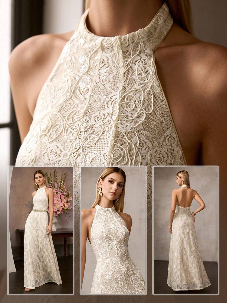 MOTF Soiréza WOMEN'S ELEGANT LACE HALTER BACKLESS EVENING GOWN