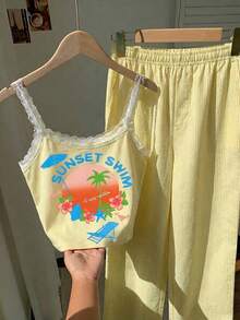 SHEIN EZwear 女款可愛黃色夏季休閒居家兩件套，蕾絲飾邊細肩帶背心與條紋長褲，度假風日落海灘印花，學院風睡衣 - 彩色 - 查看 5