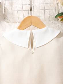 SHEIN Tween Girl Textured Fabric Contrast Color Collar Short Petal Sleeve Bow Decor Cute Dress - Apricot - View 6