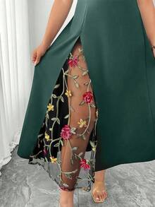 Elenzga Plus Size Elegant Color Block Petal Sleeve Mid-Length Dress - Dark Green - View 5