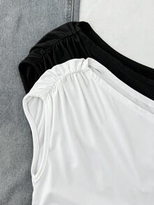 SHEIN 2件套少女黑白针织休闲褶皱斜肩金属扣装饰修身短款上衣T恤 - 黑與白 - 查看 4