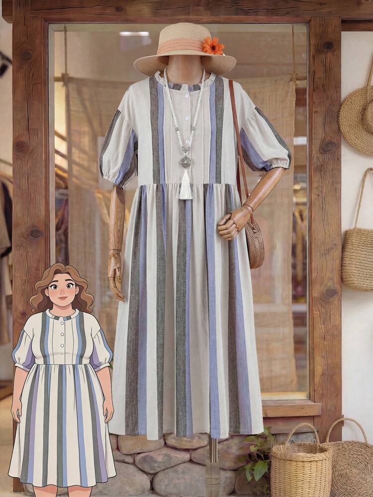 Plus Size Women Striped Petal Sleeve Casual Dress Country Dress For Women Country Dress Summer Holiday Outfits Vacation Outfits For Women Beach Dresses Summer Outfits For Women Linen Outfits For Women