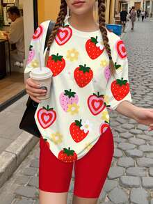少女休闲可爱草莓印花短袖上衣和短裤两件套，甜美夏日度假风，舒适春夏装扮，女童图案T恤和短裤套装 - 彩色 - 查看 1