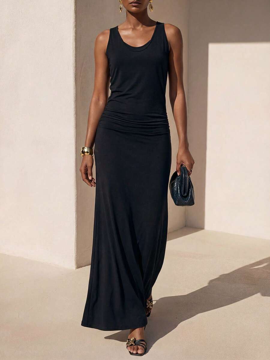 Zivah 2026 休闲亚麻 U 领拼接二合一针织黑色长连衣裙，适合度假 - 黑色 - 查看 1