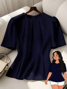 SHEIN LUNE CURVE Áo cánh tay bồng xếp ly phía trước thanh lịch giản dị cỡ lớn cho nữ - Màu xanh hải quân - Xem 1