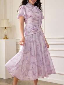 Modelyn Đầm xòe in họa tiết, xếp ly, thắt eo dành cho nữ - Màu tím hoa cà - Xem 7