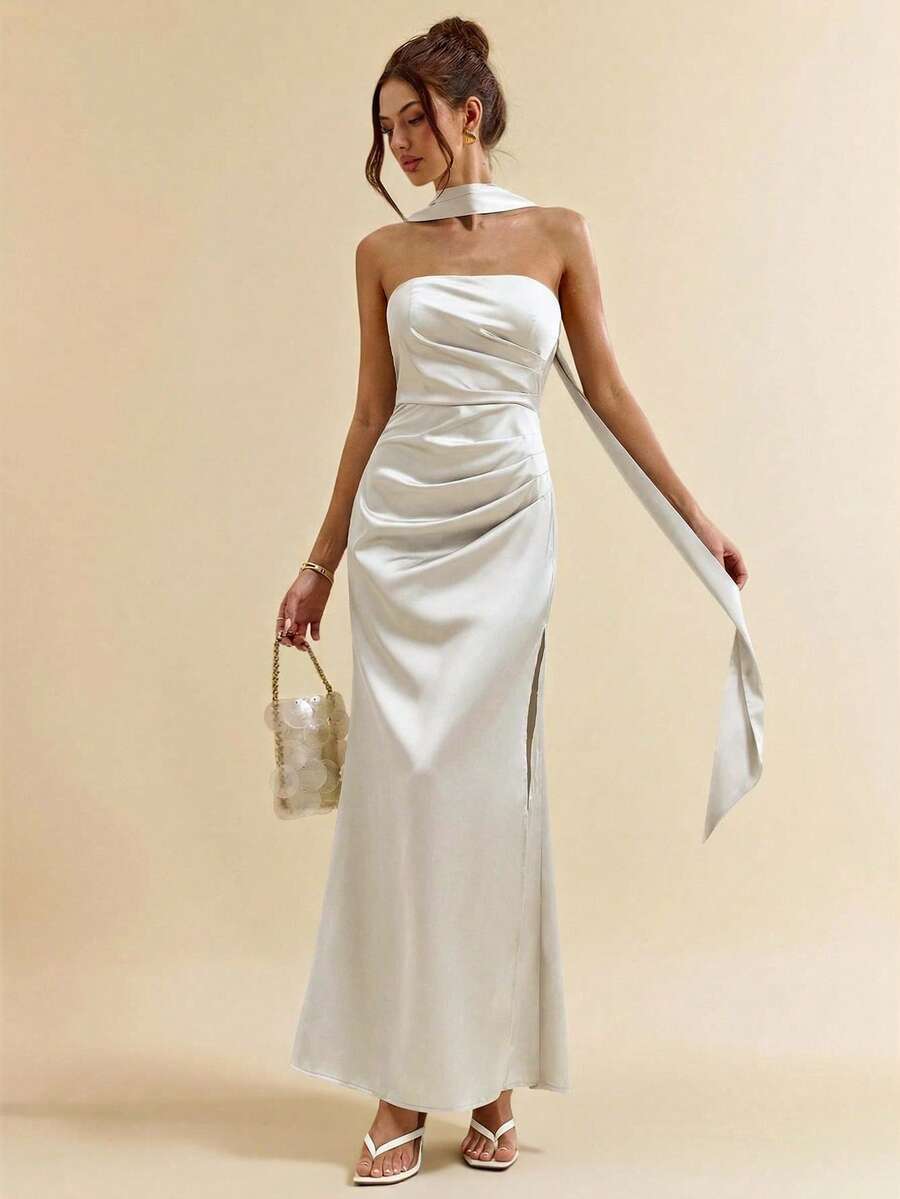 SHEIN BAE 绿色性感露背缎带高开衩优雅美人鱼长裙，伴娘礼服，缎面连衣裙，性感连衣裙，婚礼宾客礼服，春夏款 - 杏色 - 查看 1