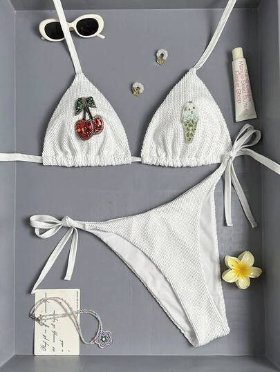 Swim Mod Bộ bikini tam giác buộc dây cổ, chất liệu vải sần, cỡ lớn dành cho nữ, gồm 2 món, thích hợp cho kỳ nghỉ biển.