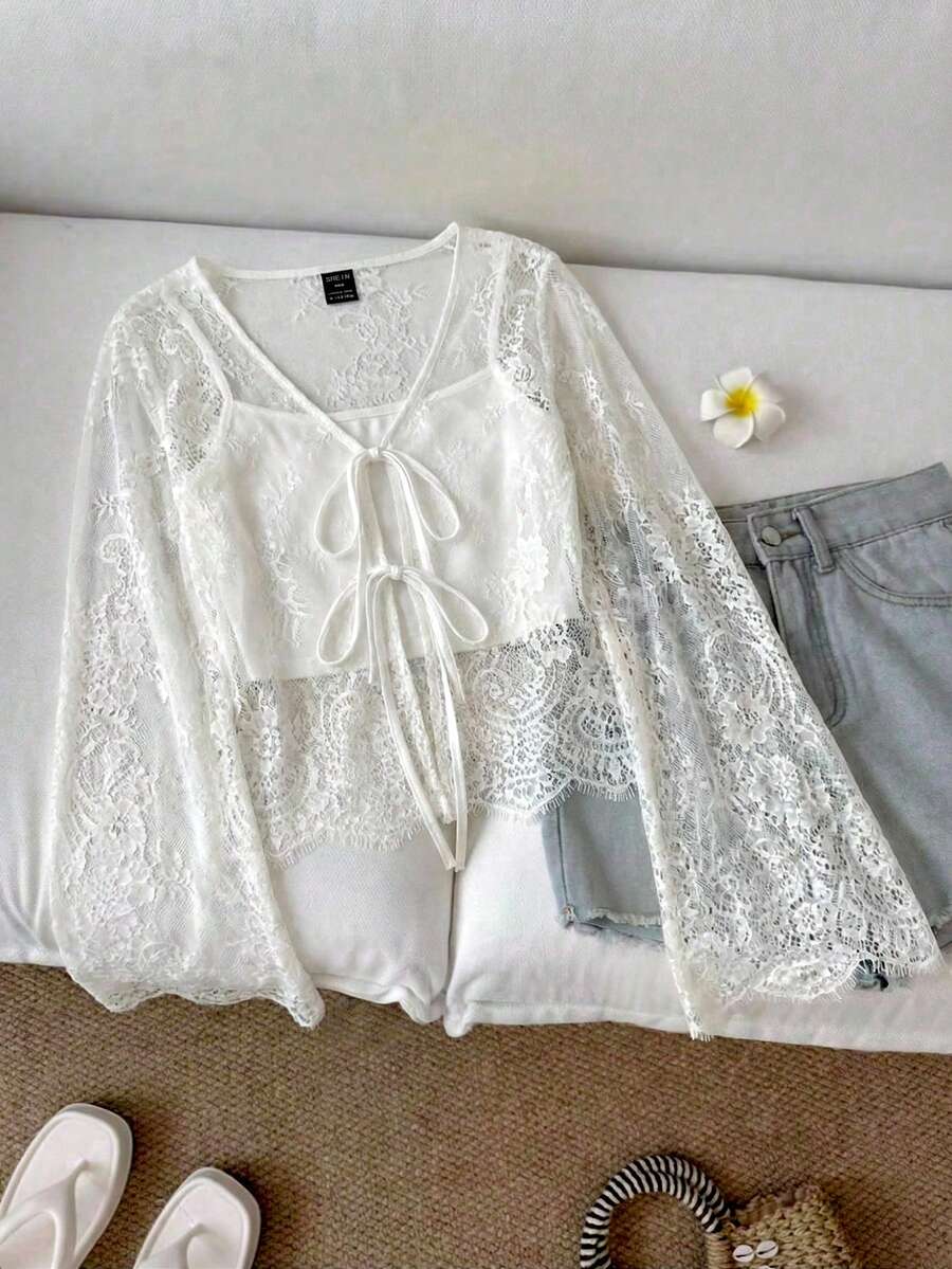 SHEIN LUNE Áo kiểu nữ buộc dây, thích hợp cho đi làm, mặc hàng ngày và tạo phong cách thời trang mùa hè. - trắng - Xem 1
