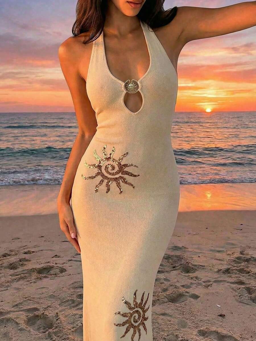 Aloruh Apricot Semi-Sheer Knit Halter Maxi Dress With Cut Out Detail And Sun Pattern For Women