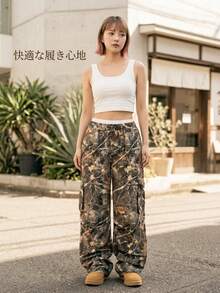 Coolane Quần ống loe ngụy trang cơ bản Y2K mùa xuân/hè dành cho nữ - xanh quân đội - Xem 7