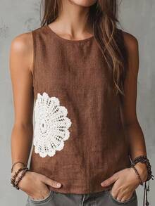 Balvessa Áo kiểu nữ màu nâu cà phê không tay, họa tiết thêu, thích hợp mặc thường ngày. - Cà phê nâu - Xem 1