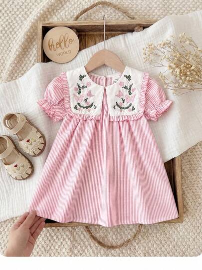 女婴蝴蝶刺绣荷叶边条纹休闲派对连衣裙