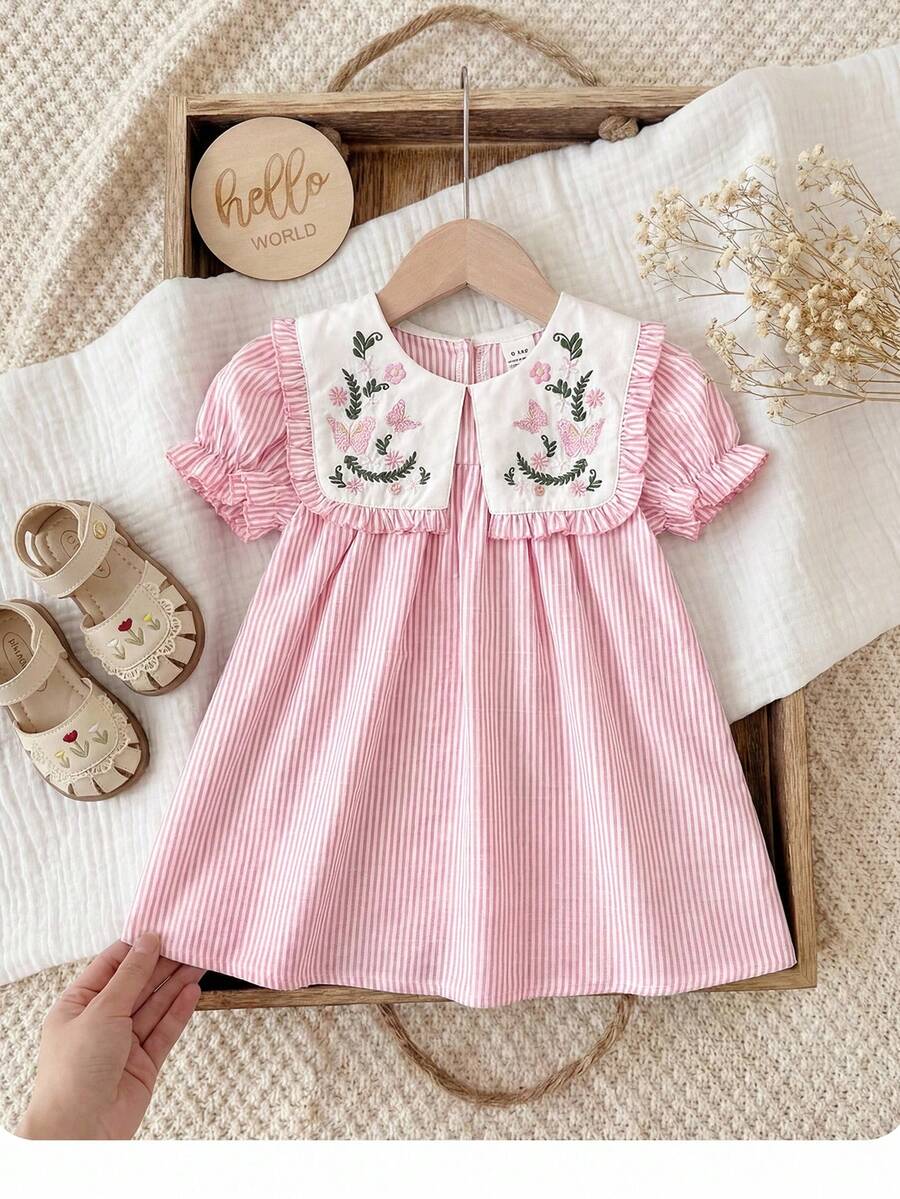 女婴蝴蝶刺绣荷叶边条纹休闲派对连衣裙 - 粉色 - 查看 1