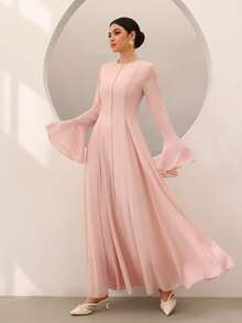 Graceveil Pink Chiffon Ruffle Long Sleeve Elegant Vacation Evening Dress For Women - Pink - View 3