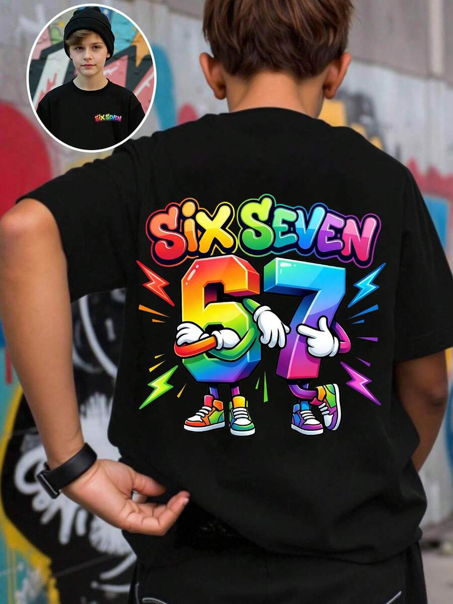 SHEIN T-shirt court de base confortable avec imprimé graphique minimaliste rafraîchissant de style dessin animé numéro 67, pour garçons pré-adolescents. Convient pour les tenues décontractées du printemps, de l'été et de l'automne