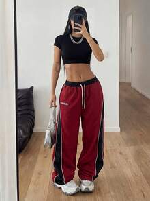 StreetHx Chándal con pantalón de pierna ancha de estilo universitario para mujer, en color bloque negro, para otoño - Rojo - Ver 4