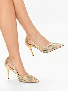 Glitzique 女士尖头魅力时尚网纱透气性感派对婚礼百搭水钻高跟鞋，细高跟鞋 - 金色 - 查看 3