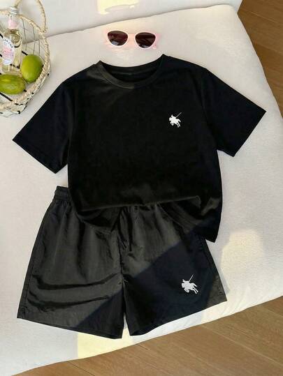 SHEIN Conjunto de Camiseta de Manga Curta e Shorts Colorblock para Meninas Pré-Adolescentes, Estilo Esportivo, Design de Ajuste Solto e Justo, Tecido Leve, Adequado para Uso Diário, Esportes Casuais ou Combinação