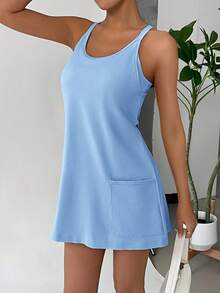 SHEIN EZwear 女士纯色无袖吊带连衣裙，内置短裤，休闲日常穿着，有加大码可选，女士吊带连衣裙，蓝色女士吊带连衣裙 - 藍色 - 查看 4