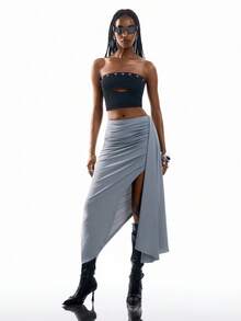Airlisse Damen einfarbiger Plissee-Volant-Design Lässig vielseitig Ausflug Sommer Rock - Graublau - Übersicht 5