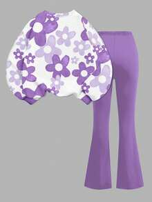 Set de 2 piezas de sudadera de manga larga con cuello redondo de ajuste holgado con estampado floral degradado morado y conejo azul de estilo kawaii para niña, adecuado para otoño/invierno, vuelta al colegio, estilo 2000, ropa Y2K - Multicolor - Ver 2