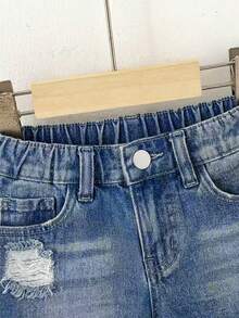 Young Boy Summer Casual Street Cool Minimalist Fashion Versatile Comfortable Elastic Waist Washed Black Ripped Denim Shorts,Suitable For Daily Outing - Medium Wash - View 5