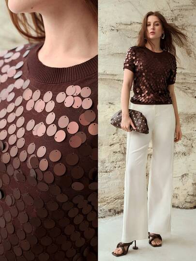 MOTF PREMIUM VERSATILE SEQUIN EMBELLISHED SHORT SLEEVE KNIT PULLOVER