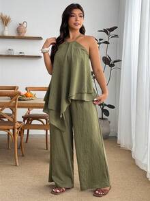 Enliva Conjunto informal de vacaciones estilo bohemio para mujer talla grande, conjunto de top halter con bajo asimétrico y pantalones, verde oliva para verano, para silueta de manzana y redondeada - Verde militar - Ver 6