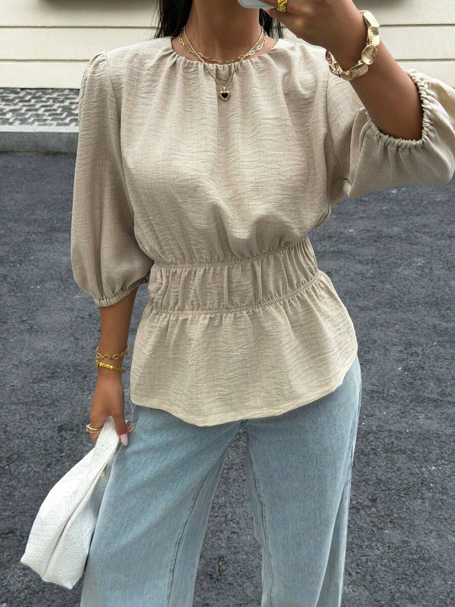 Siren Gaze Áo kiểu nữ màu trơn cổ tròn tay cánh hoa viền bèo nhún phong cách thường ngày - Màu be - Xem 1